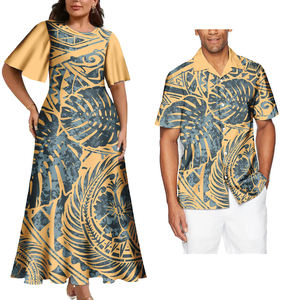 Conjunto de parejas tribales con patrón tribal polinesio a la moda, 2 uds., vestido de mujer para hombre y camisa hawaiana, conjuntos de pareja con diseño de Tapa samoana - Product Image 2