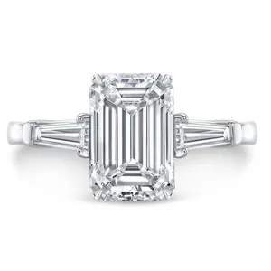 Hy 1ct anel de noivado esmeralda, diamante de laboratório com 0,4ct tcw baguette lados diamante anel de noivado (igi certificado)