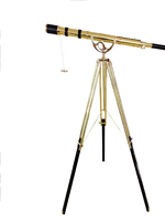 Télescope nautique en laiton vintage à double baril, debout au sol, finition en laiton brillant, cuir noir, demi-lune, artisanat en métal antique