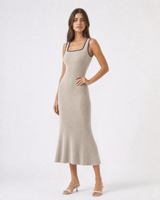 Robe pull midi décontractée côtelée pour femme, col carré, sans manches, coupe ajustée, personnalisable ODM/OEM