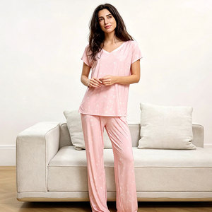 Viscose From Bamboo Women's Elastic Waist <b>Knitted</b> Custom Print Pajama Set OEM Manufacturer Sleepwear - Product Image 3