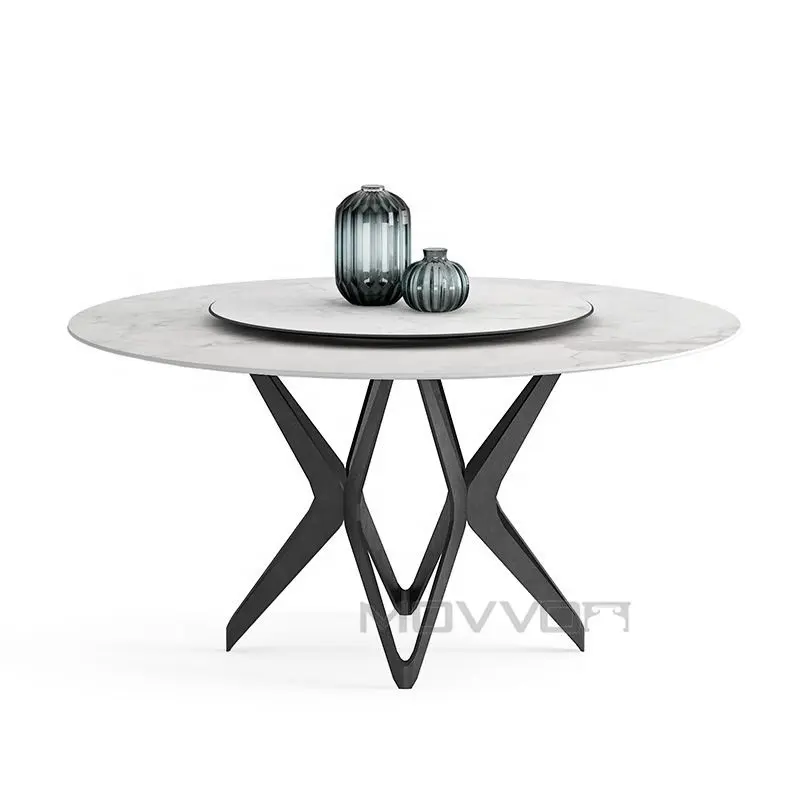 Mesa de comedor con Centro giratorio, placa redonda de mármol superior de cerámica con diseño de arte geométrico simple