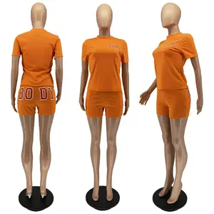 Conyson 2024 Custom Logo Women Summer Short Set Short Sleeve T Shirt Biker Shorts Sets Skinny 2 Piece Short Set Women Clothing