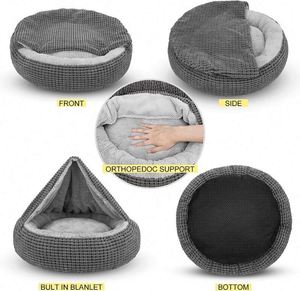 Free Sample Small Dog <b>Bed</b> with Attached Blanket, Cozy Donut Cuddler Anti-Anxiety Hooded Pet <b>Beds</b> Calming <b>Cave</b> <b>Bed</b>. Round - Product Image 5