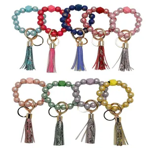 Silicone Letter Beaded Keychain, Bangle Candy Color Tassel Wristlet Key Ring For Lady/