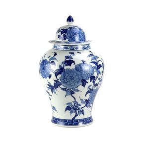 RYLU128 화려한 중국 스타일 파란색과 흰색 모란 패턴 손으로 그린 도자기 생강 항아리 - Product Image 1