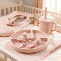 Ensemble d'alimentation pour bébé en silicone sans BPA pour la diversification alimentaire - Bavoir, assiette compartimentée, cuillère, fourchette, tasse à bec, vaisselle pour enfant, qualité alimentaire