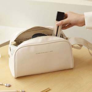 Bolsa de Cosméticos de Cuero PU de Gran Capacidad, Bolsa de Aseo Portátil Impermeable, Bolsa de Maquillaje de Viaje con Doble Cremallera - Product Image 4