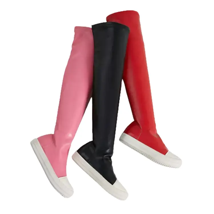 Hot Sale Sexy Chunky Leather Elastic Flat Casual Leisure Girls Student Shoes Casual Women Boots Pu Luxury Over The Knee Boots