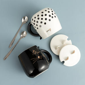 Tasse à eau en céramique motif chat de dessin animé avec couvercle et cuillère, mignonne tasse à café pour couple, style cœur de fille, tasses à thé et soucoupes tendance, cadeau - Product Image 3