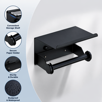 Portarrollos de Papel Higiénico Moderno de Acero Inoxidable SUS 304 Negro Mate, con Repisa para Teléfono, Montaje en Pared, Rectangular, Autoadhesivo para Baño