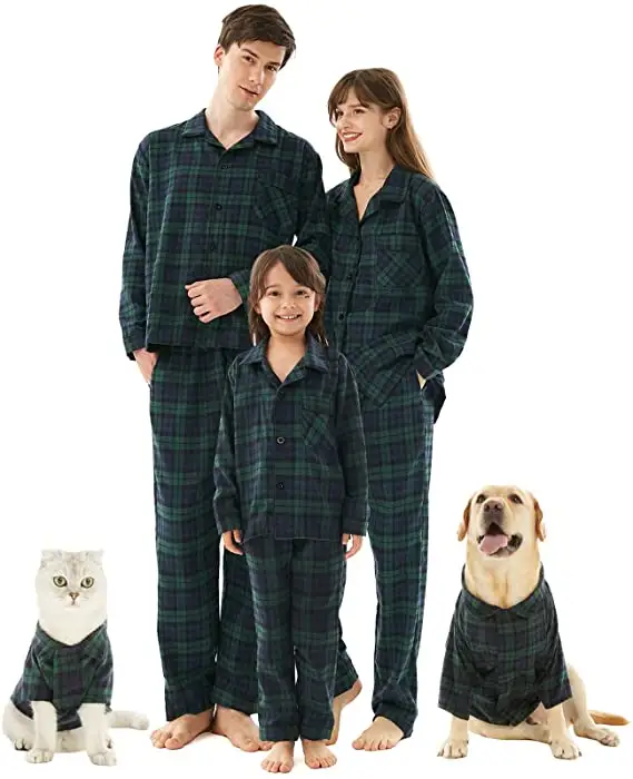 Pijama de 2 peças para festas, 2021 algodão, dyed buffalo xadrez, pdj, botão up, natal, família, para adultos, crianças, animais de estimação