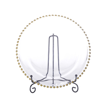 Assiettes de présentation décoratives en gros, assiettes de présentation transparentes perlées avec bord doré, assiettes rondes de 13 pouces pour la mise en table