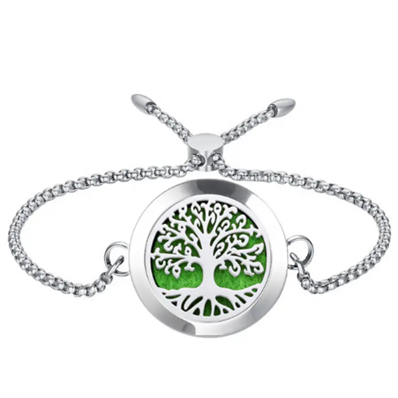 Wholesale 30mm / 25mm / 20mm Tree Of Life design 316L Stainless Steel Aromatherapy Essential Oil Adjustable Diffuser Bracelet