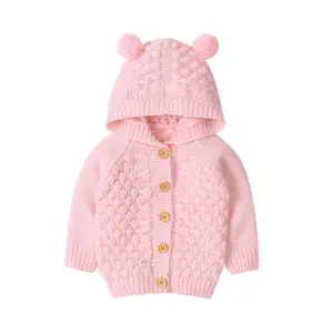 市场联合连帽针织保暖外套学步毛衣耳朵粉色来样定做设计开衫可爱秋季批发男童女童儿童婴儿