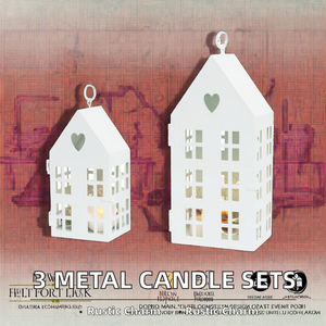 <b>Set</b> of Three Beige White Metal House <b>Candle</b> Holders for Birthday for Village Farmhouse Home Decor Table Lantern Garden Occasions - Product Image 2