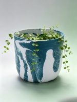 Pot Plastik Ukiran Tangan Motif Marmer Warna Teal Putih Gaya Amerika Modern Dekoratif Pot Bunga Bergaya untuk Dalam/Luar Ruangan untuk Rumah