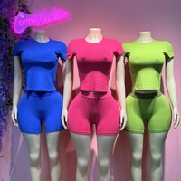 Set Pakaian Olahraga Wanita Rajutan Rib Knit Katun Elastis dengan Logo Custom Musim Panas, Atasan Crop Top dan Celana Pendek, 2 Potong, Set Lounge Wear
