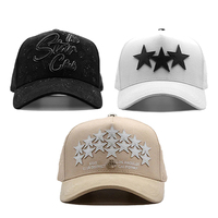 Topi Baseball Custom Pria Gorras Model Lengkung, Mahkota Tengah, Label Logam, Berhiaskan Batu Rhinestone, Hitam, 100% Katun, Visor Berbingkai 5 Panel Model A