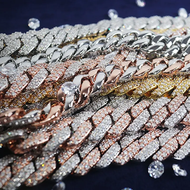 Prix d'usine Vente en gros VVS Glacé Moissanite Diamant 8mm Ruban Or Rose Cubain Lien Chaîne Collier Bracelet pour Hommes Bijoux
