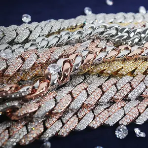 Prix d'usine Vente en gros VVS Glacé Moissanite Diamant 8mm Ruban Or Rose Cubain Lien Chaîne Collier Bracelet pour Hommes Bijoux