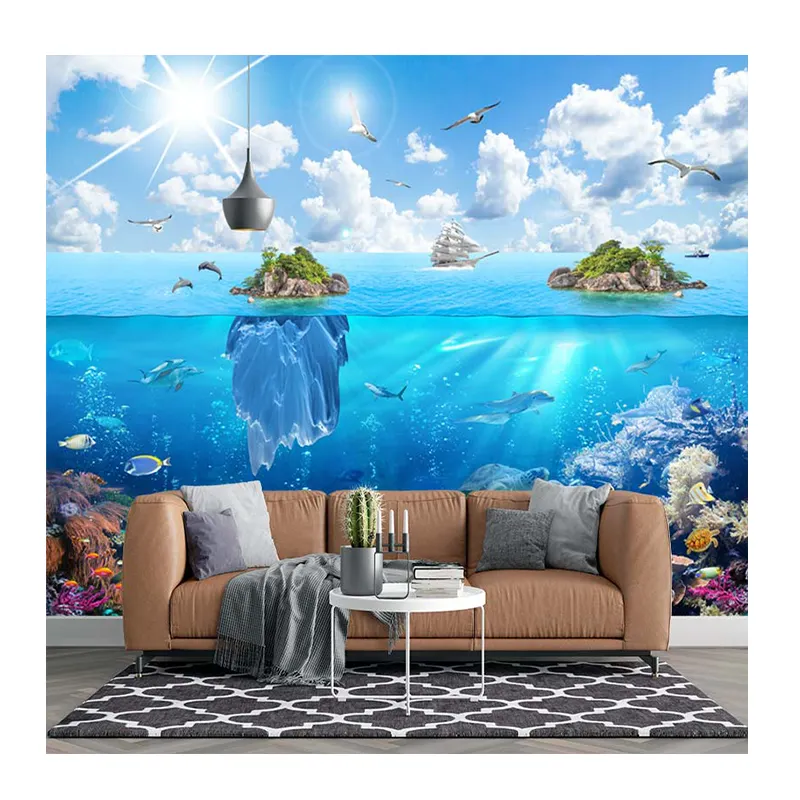 KOMNNI Custom Island Scenery Wallpaper, Underwater World Marine Animals Cartoon Mural Living Room Bedroom Home Decor