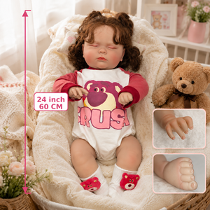 BAkwbwBY Muñeca Reborn 24 Pulgadas Cuerpo Suave Ojos Cerrados Pelo Castaño Rizado Traje Rosa Blanco Bebé Realista Coleccionable - Product Image 4