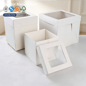 Caja para Pastel Cuadrada Alta de Dos Piezas, Autoensamblable, con Ventana Superior, de Cartón Reciclado de Grado Alimenticio, OEM ODM, Impresión Personalizada, Blanca, para Panadería - Product Image 1