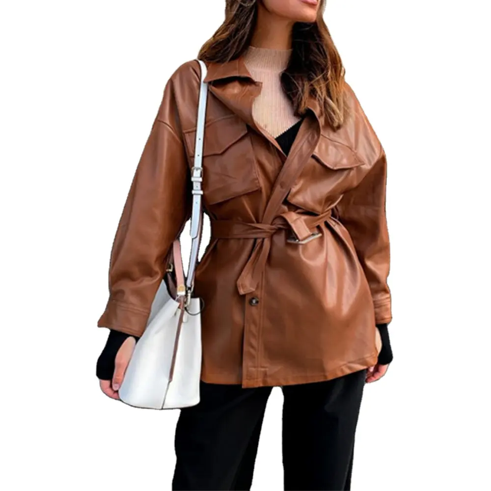 OEM Long Sleeve Button Front Belted PU Leather Women Shirt Blouse