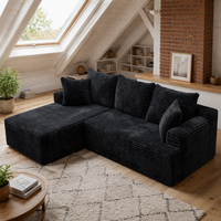 Canapé modulaire de luxe compressé en velours côtelé noir en forme de L avec chaise longue pour salon