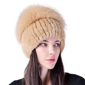 Gorro de Piel de Conejo Rex Auténtica, Gorro de <span class=keywords><strong>Paja</strong></span> con Piel de Zorro, Gorro de Punto Cálido y Grueso, Gorro Baotou de Felpa para Mujer, Gorros de Moda para Otoño e Invierno - Product Image 6