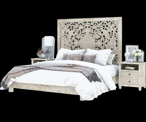 Lit élégant en bois de manguier massif sculpté à la main, taille king size, sans rangement, structure robuste et durable, finition premium, design élégant - Product Image 4