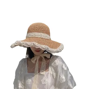 Хит продаж, соломенная шляпа ручной работы с кружевом, летняя богемная шляпа с широкими полями и большими полями