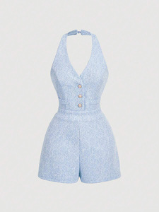 Mono de Verano Elegante para Mujer con Cuello Halter y Escote en V, Sin Mangas, Ajustado y Corto - Product Image 6