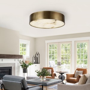 Plafonnier rond en albâtre avec accessoires en fer forgé, surface en marbre espagnol, lumière LED blanc chaud doux - Product Image 1