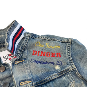 Vente en gros d'usine de vestes personnalisées de créateurs pour hommes veste en denim extensible de conception de patchs en chenille brodés en détresse - Product Image 3