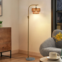 Lampe sur pied de qualité supérieure 3000K blanc chaud, abat-jour en chanvre rustique sur cadre en fer doré, CRI80, gradation douce