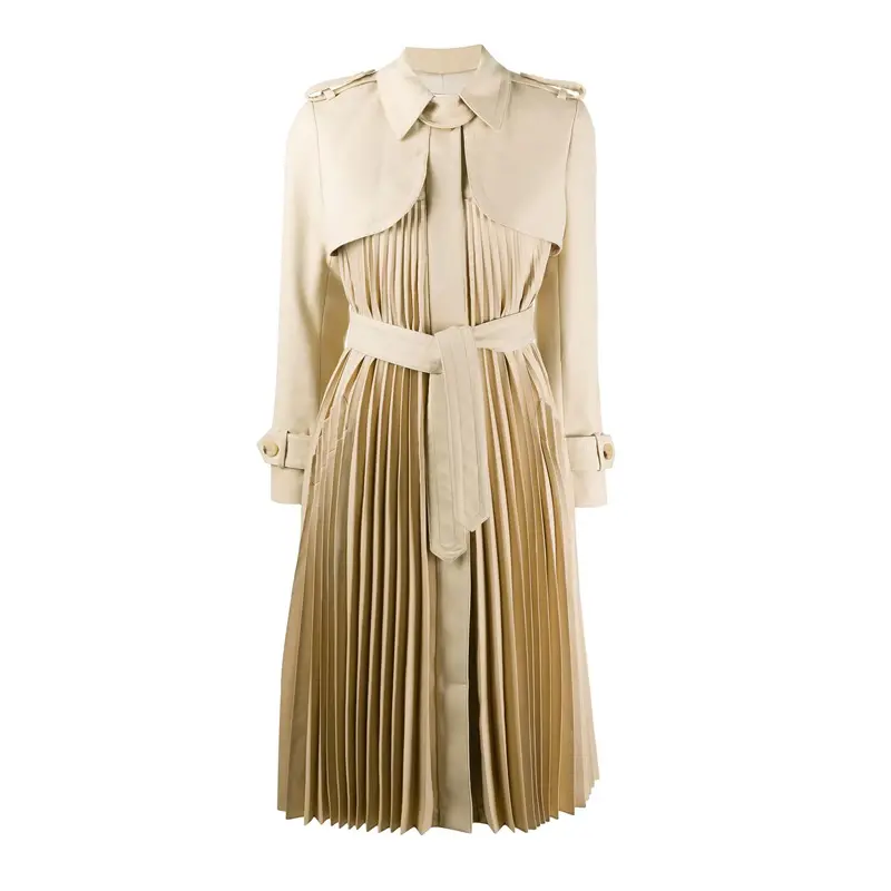 OEM Long Sleeves Belted Waist Pleated Trench Coat Women