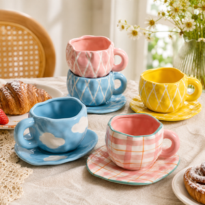 Handmade Blue Cloud <b>Cup</b> Ceramic Coffee <b>Cups</b> with Irregular Saucer Afternoon Tea <b>Cup</b> <b>Set</b> 300ml Couple Mug Gift - Product Image 1