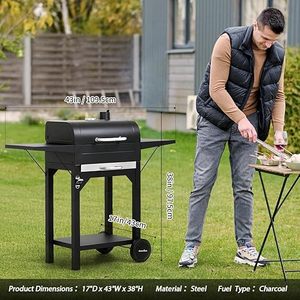 Griglia a Carbone Quadrata da Giardino con Due Tavoli Laterali, Carrello per Barbecue - Product Image 3
