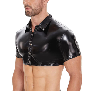 Heren sexy korte mouwen PVC lederen shirt glanzend erotisch vormende koker latex top casual T-shirt kort lederen jack voor heren - Product Image 4