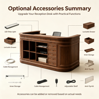 Bureau d'accueil en bois courbé sur mesure avec façade panneautée, coins arrondis, grain de bois foncé, pour hall d'entrée
