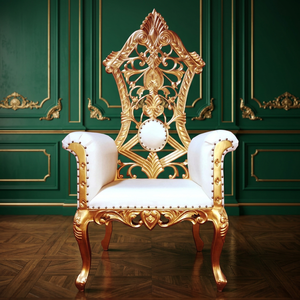 Chaise de trône français baroque sculpté en bois cadre doré tapisserie d'ameublement en velours blanc 180cm de haut pour manger loisirs hôtel salon utilisation - Product Image 3