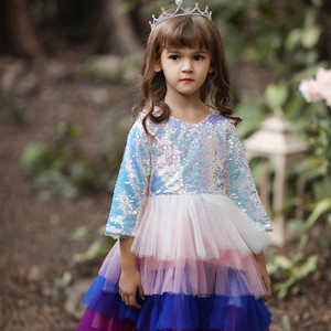 Girls <b>Sequined</b> Princess Dress Color Block Tulle <b>Skirt</b> Performance Gown Layered Dress For Children - Product Image 1