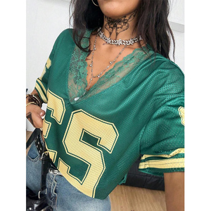 Women Sportwear Polyester Football Jersey Classic Number T-shirt Lace Patchwork V-Neck Sexy <strong>Crop</strong> <strong>Tops</strong> Custom Lace Neck T-Shirt - Product Image 2