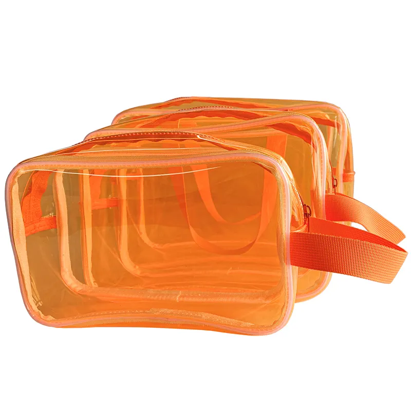 Benutzer definiertes Logo Kosmetik tasche Orange Transparent Klarer Reiß verschluss Wasserdichter Organizer Geschenk beutel Toiletten artikel Reise Make-up Kosmetik tasche