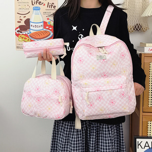 New Japanese-style floral plaid fresh sweet backpack versatile simple shopping cute schoolbag <b>set</b> - Product Image 3
