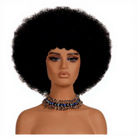 Perruque Afro Bouclée Années 70 avec Frange, Double Trame Faite à la Machine, Cheveux Synthétiques Noirs Chinois pour Femmes, Sans Colle, Grande, Volumineuse, Douce et d'Aspect Naturel