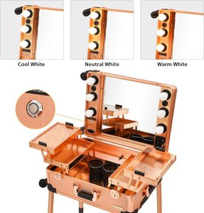 Hộp Đựng Đồ Trang Điểm Có Xe Đẩy Chuyên Nghiệp Với Hộp Đựng Son Môi Hộp Đựng Mỹ Phẩm Với Bóng Đèn LED 3 Màu Và Giá Đựng Máy Sấy Tóc - Product Image 4