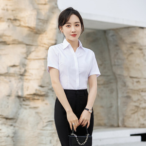 Women's Blue Short Sleeve Shirt Solid Color Bamboo Fiber Office Wear V807 - Product Image 2